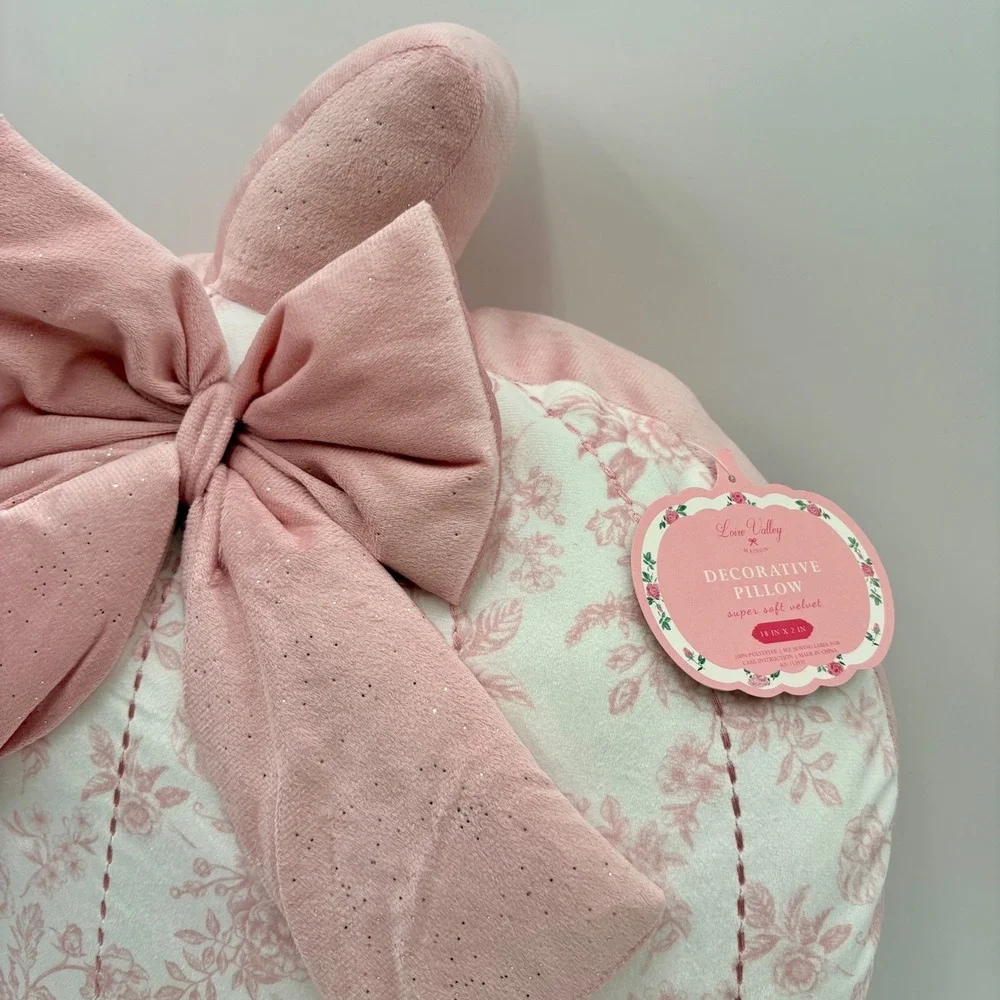 Loire Valley Maison Pink Floral Toile Pumpkin Decorative Pillow Velvet Bow NEW